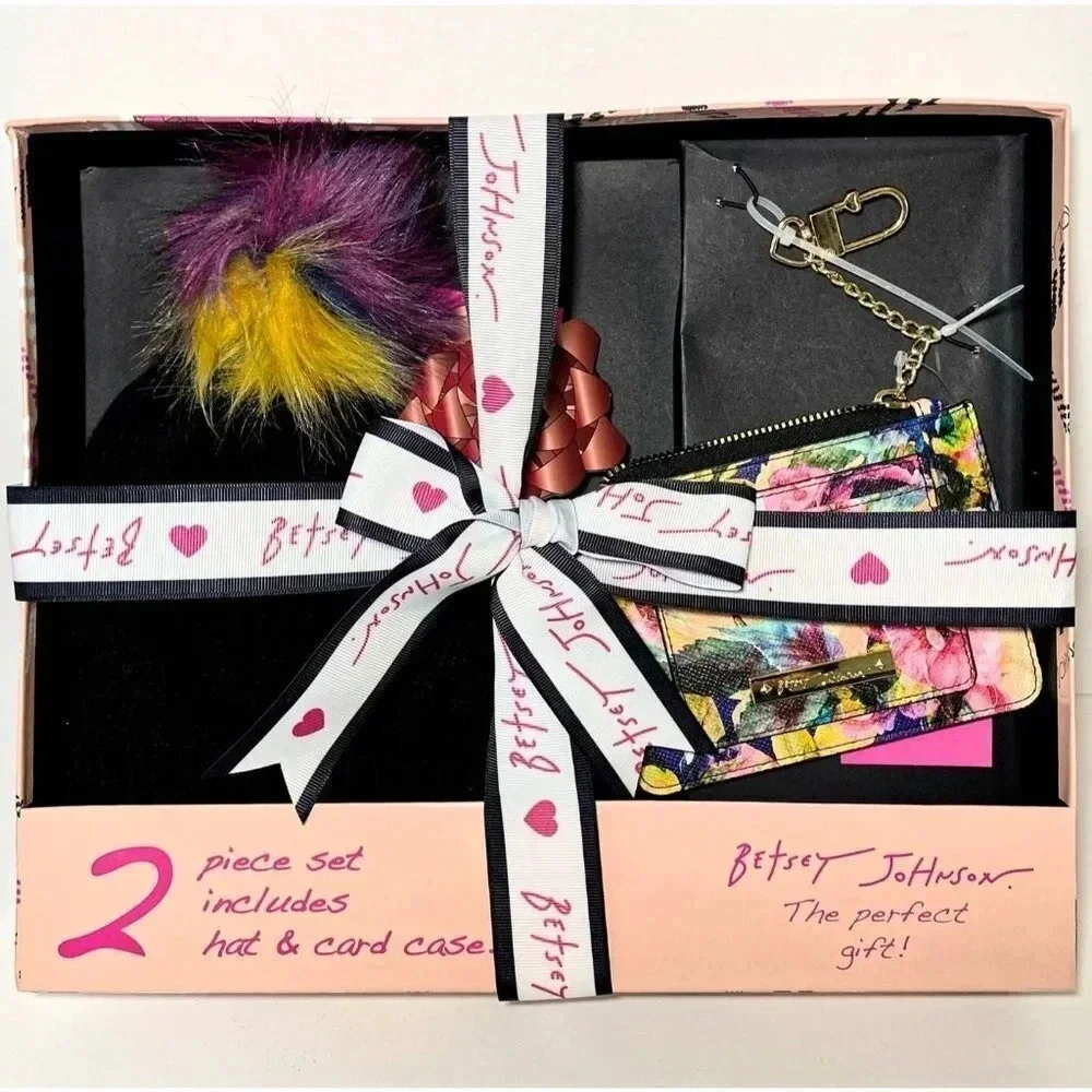 Betsey Johnson Black Hat & Floral Wallet ID Card Case Bag Key Charm Gift Set - Picture 1 of 5